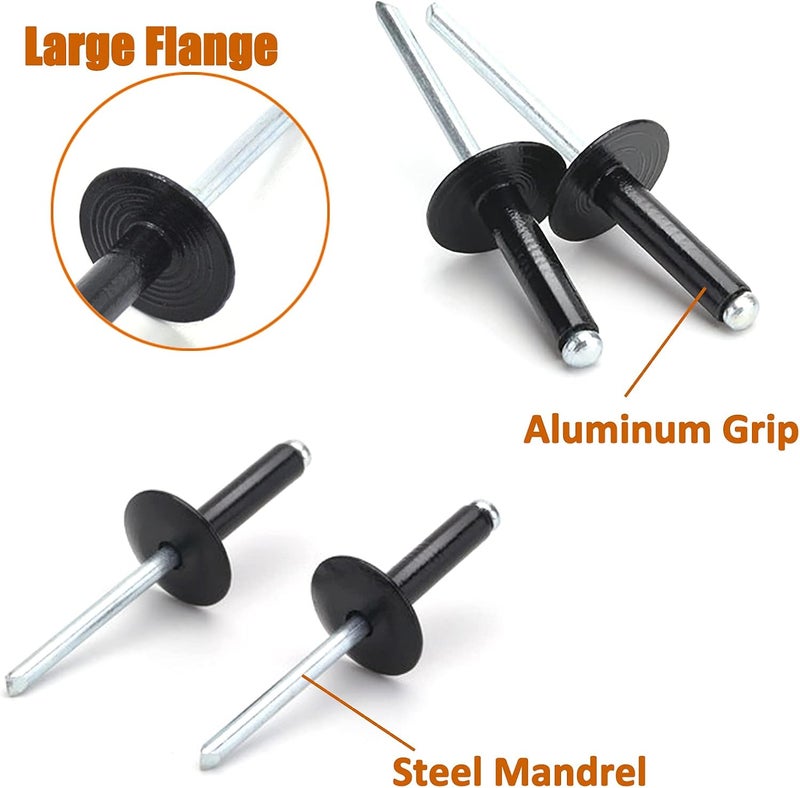 ISPINNER 100pcs 3/16" x 1/2" Large Flange Aluminum Blind Rivets, Pop Rivets Grip Grange 6-8mm (Black) - Image 2